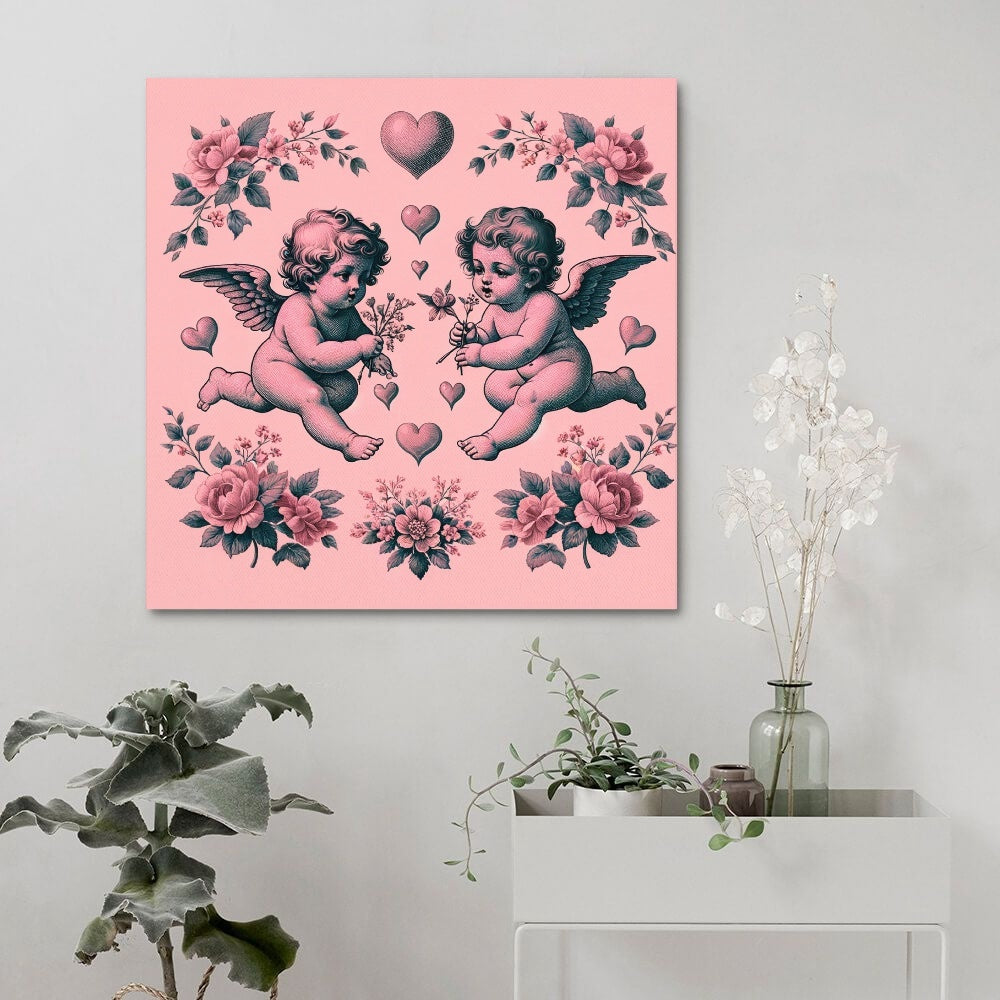 Vintage Frameless Canvas Print, Victorian Cupid  Wall Art, Pink Floral Decor, Romantic Shabby Chic Home Decoration, Cherub Art